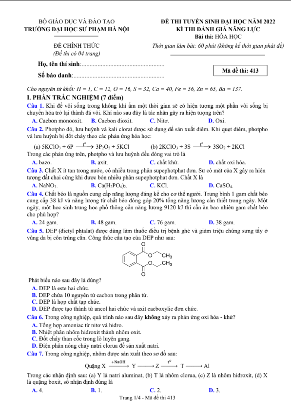 Đề thi đánh giá năng lực môn hóa Đại học Quốc Gia Hà Nội năm 2022