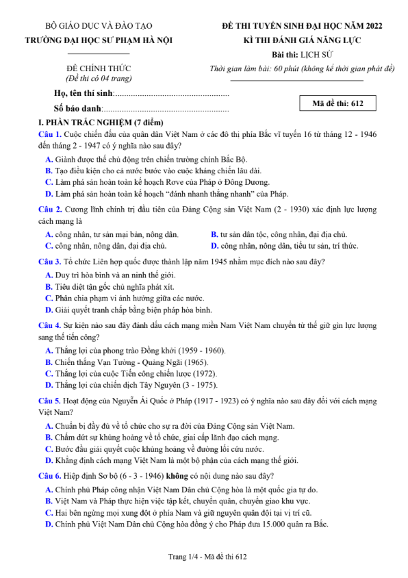 Đề thi đánh giá năng lực môn sử  Đại học Quốc Gia Hà Nội năm 2022
