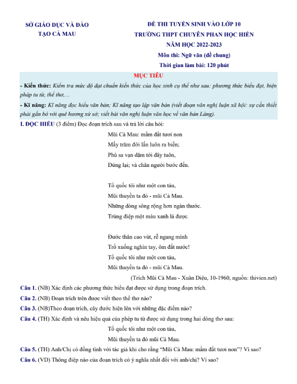 Đề thi vào 10 chuyên văn Sở GD ĐT Cà Mau năm 2022 có đáp án