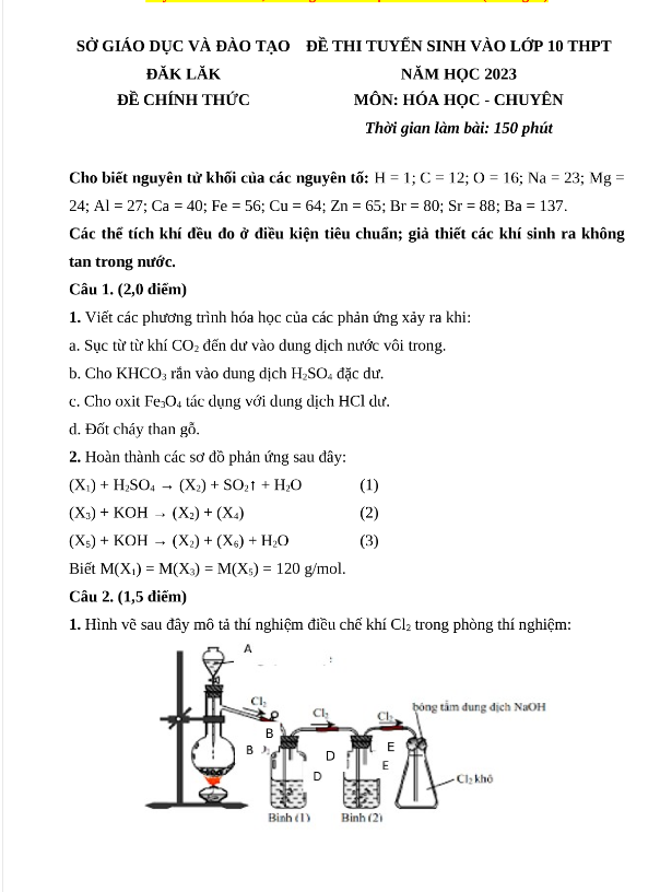 Đề thi vào 10 chuyên hóa Sở GD ĐT Đắk Lắk năm 2023 có đáp án