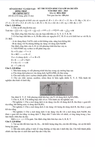 Đề thi vào 10 chuyên hóa Sở GD ĐT Đồng Tháp năm 2022 có đáp án