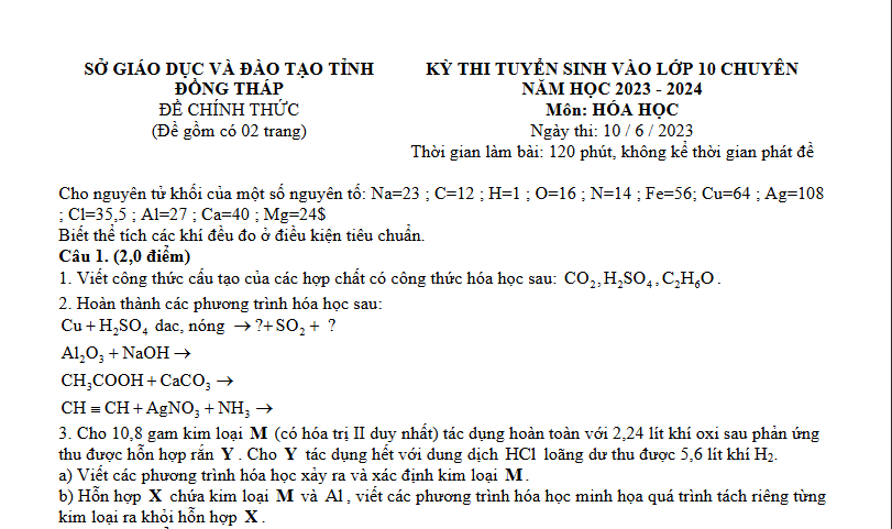 Đề thi vào 10 chuyên hóa Sở GD ĐT Đồng Tháp năm 2023 có đáp án
