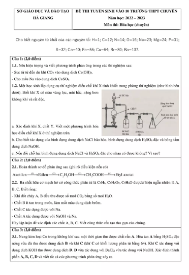 Đề thi vào 10 chuyên hóa Sở GD ĐT Hà Giang năm 2022 có đáp án