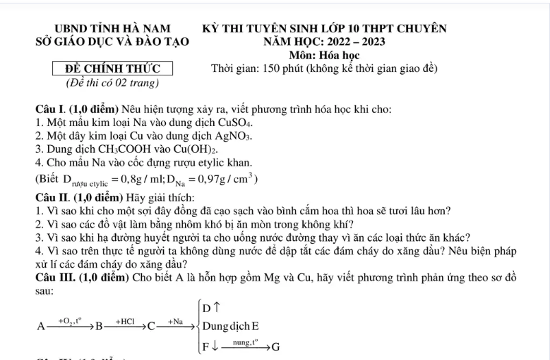 Đề thi vào 10 chuyên hóa Sở GD ĐT Hà Nam năm 2022 có đáp án
