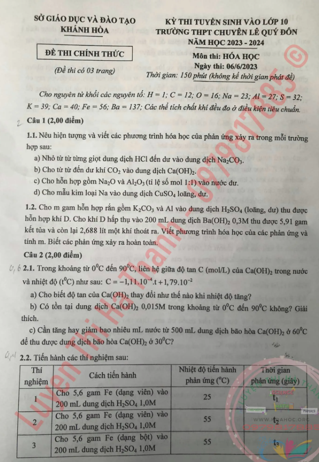 Đề thi vào 10 chuyên hóa Sở GD ĐT Khánh Hòa năm 2023 có đáp án