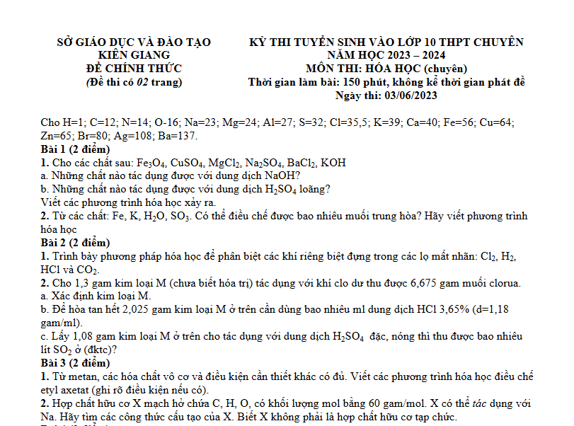 Đề thi vào 10 chuyên hóa Sở GD ĐT Kiên Giang năm 2023 có đáp án