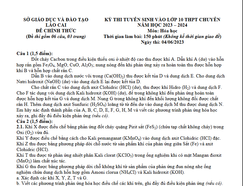 Đề thi vào 10 chuyên hóa Sở GD ĐT Lào Cai năm 2023 có đáp án