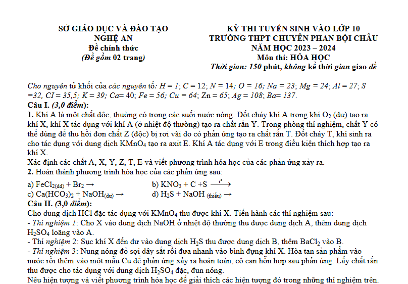 Đề thi vào 10 chuyên hóa Sở GD ĐT Nghệ An năm 2023 có đáp án