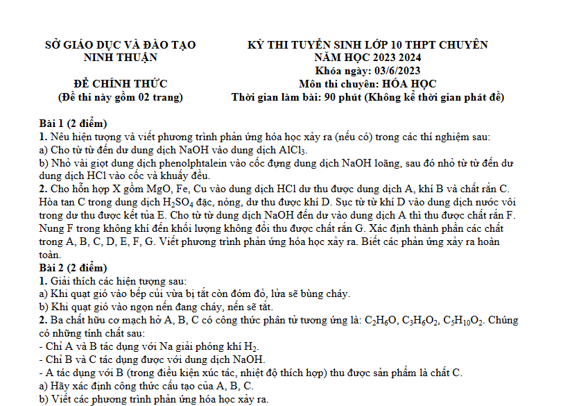 Đề thi vào 10 chuyên hóa Sở GD ĐT Ninh Thuận năm 2023 có đáp án