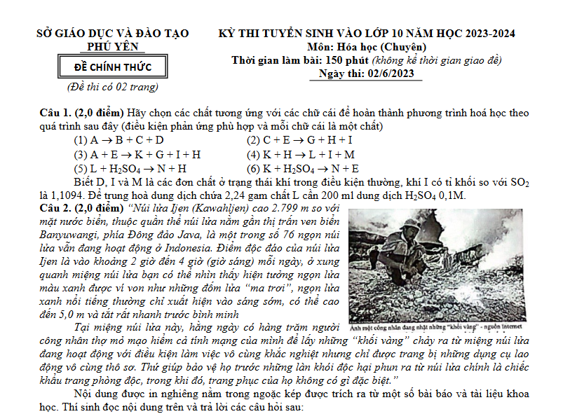 Đề thi vào 10 chuyên hóa Sở GD ĐT Phú Yên năm 2023 có đáp án