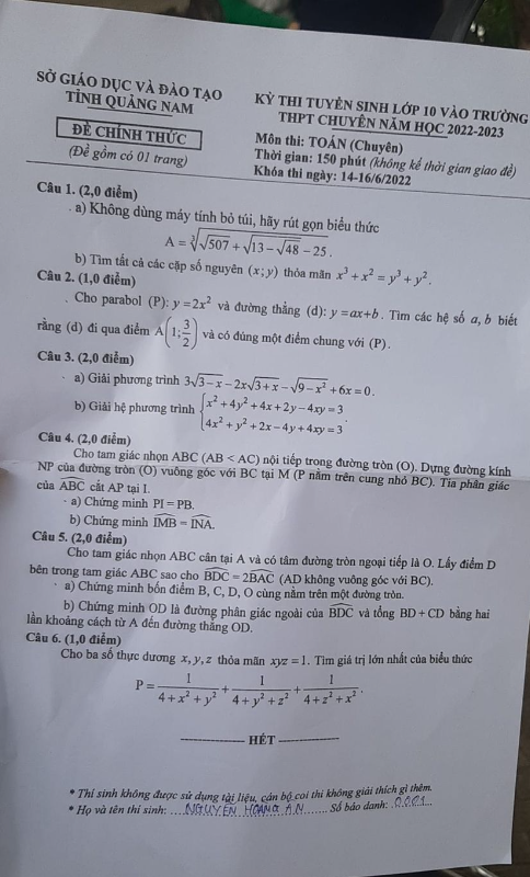Đề thi vào 10 chuyên toán Sở GD ĐT Quảng Nam năm 2022 có đáp án