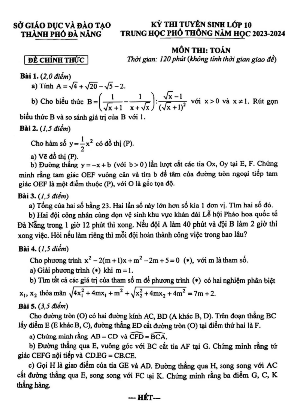 Đề thi chính thức vào 10 môn toán thành phố Đà Nẵng năm 2023 có đáp án