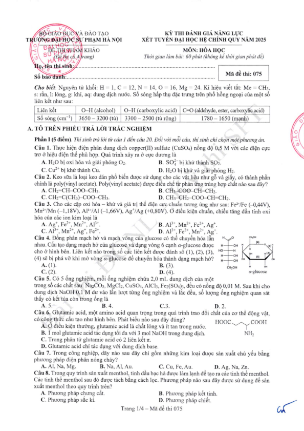 Đề minh họa môn hóa Đánh giá năng lực ĐH Sư phạm Hà Nội 2025