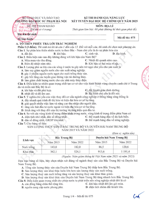 Đề minh họa môn địa Đánh giá năng lực ĐH Sư phạm Hà Nội 2025
