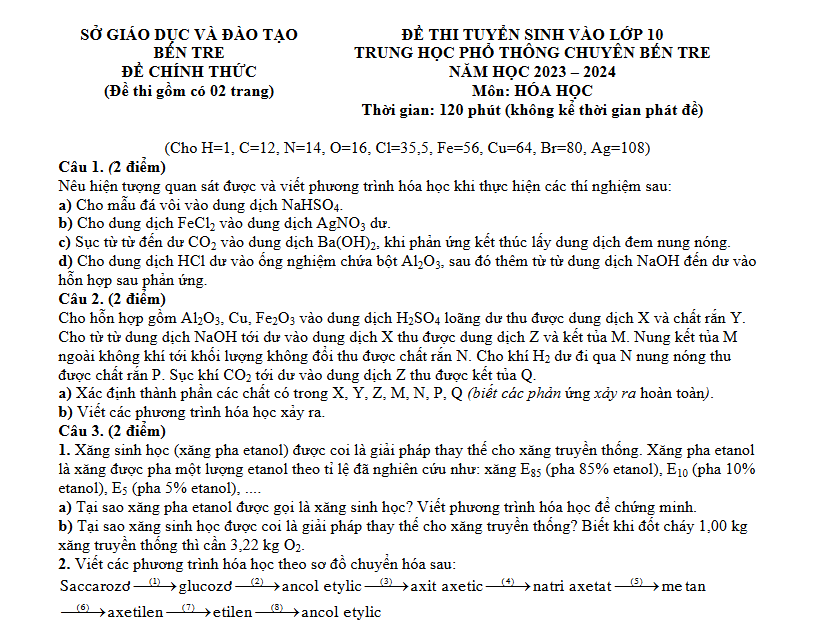 Đề thi vào 10 chuyên hóa Sở GD ĐT Bến Tre năm 2023 có đáp án