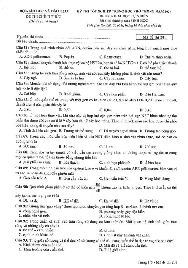 Đáp án đề thi môn Sinh Học mã đề 201 - Tốt nghiệp THPT 2024