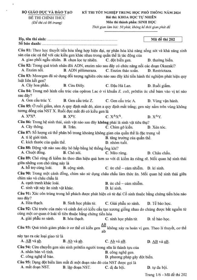 Đáp án đề thi môn Sinh Học mã đề 202 - Tốt nghiệp THPT 2024