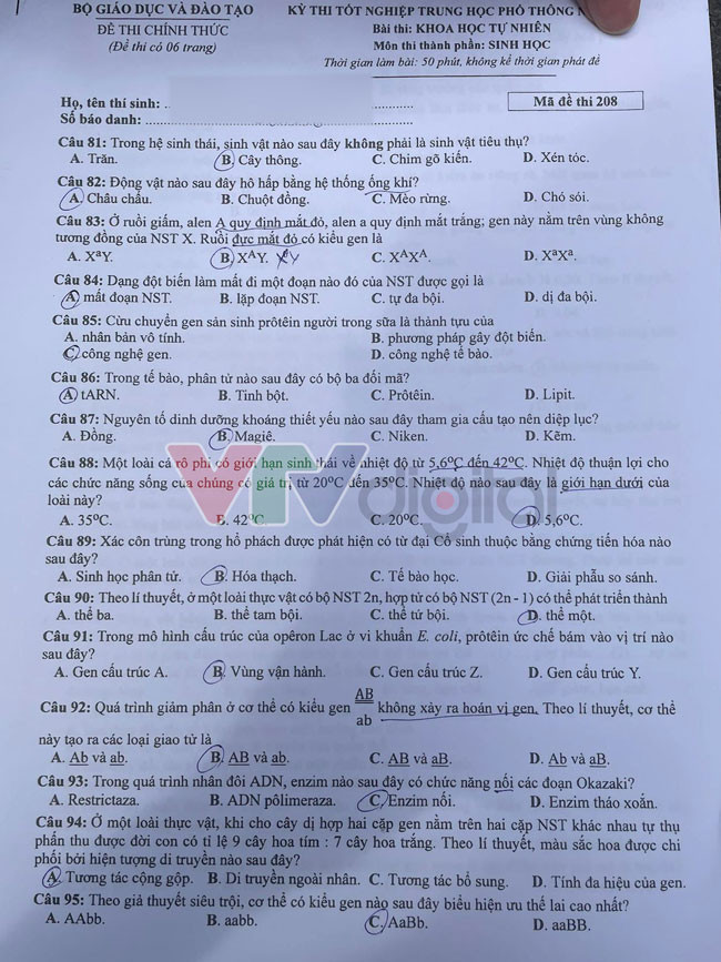 Đáp án đề thi môn Sinh Học mã đề 208 - Tốt nghiệp THPT 2024