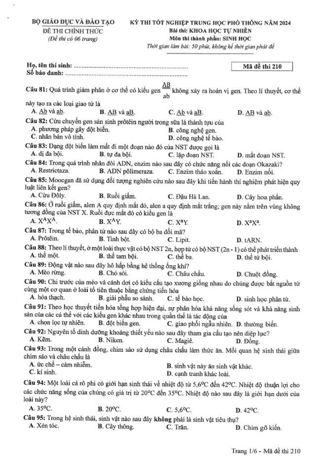 Đáp án đề thi môn Sinh Học mã đề 210 - Tốt nghiệp THPT 2024