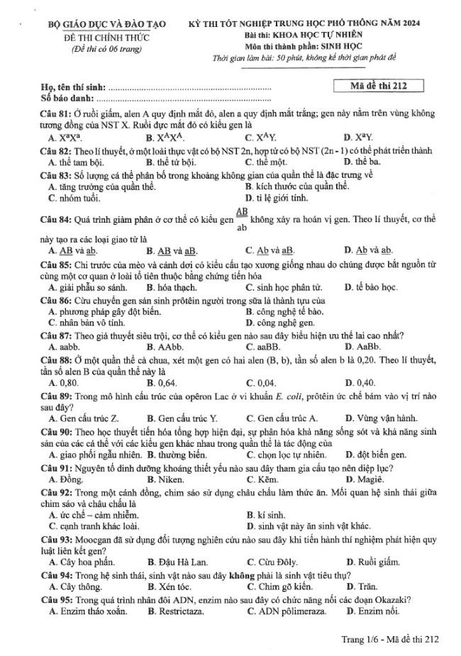 Đáp án đề thi môn Sinh Học mã đề 212 - Tốt nghiệp THPT 2024