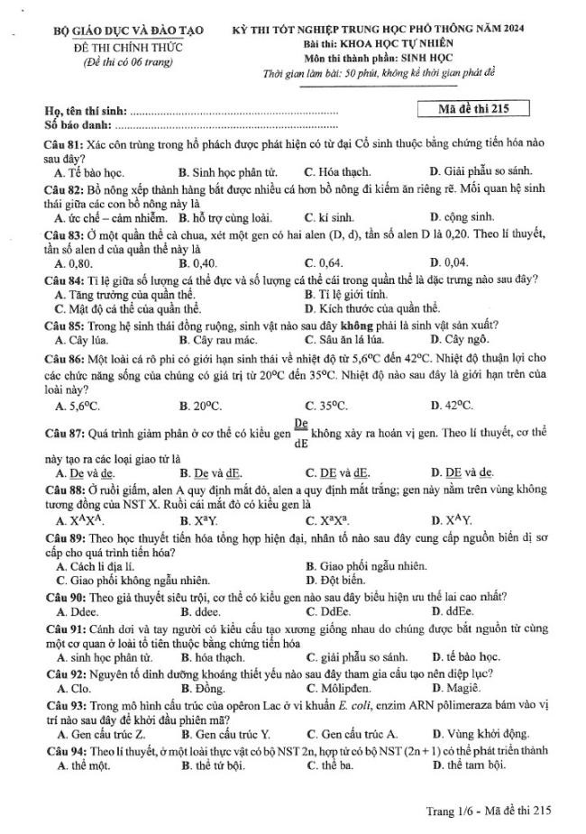 Đáp án đề thi môn Sinh Học mã đề 215 - Tốt nghiệp THPT 2024