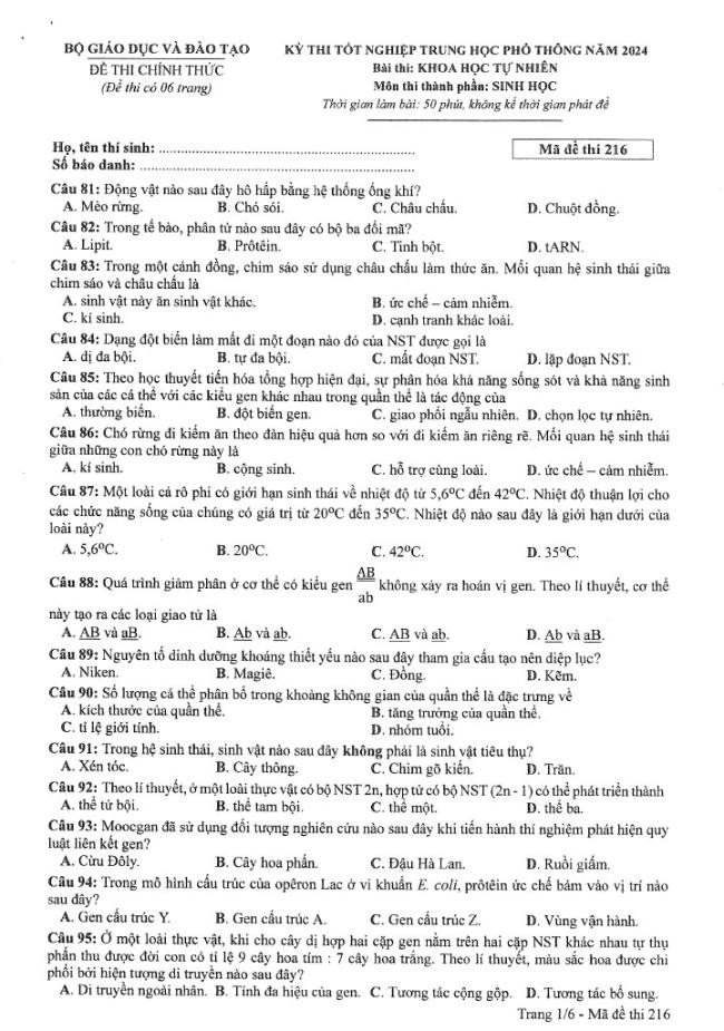 Đáp án đề thi môn Sinh Học mã đề 216 - Tốt nghiệp THPT 2024
