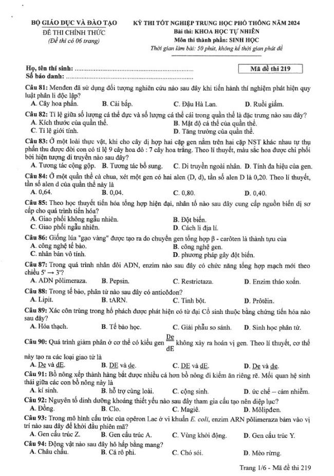 Đáp án đề thi môn Sinh Học mã đề 219 - Tốt nghiệp THPT 2024