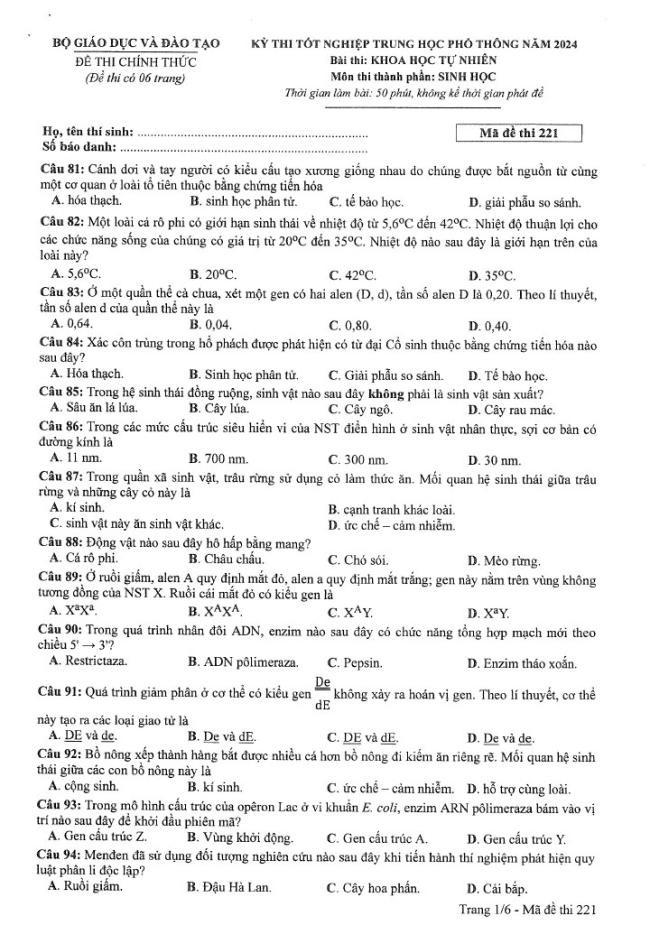 Đáp án đề thi môn Sinh Học mã đề 221 - Tốt nghiệp THPT 2024