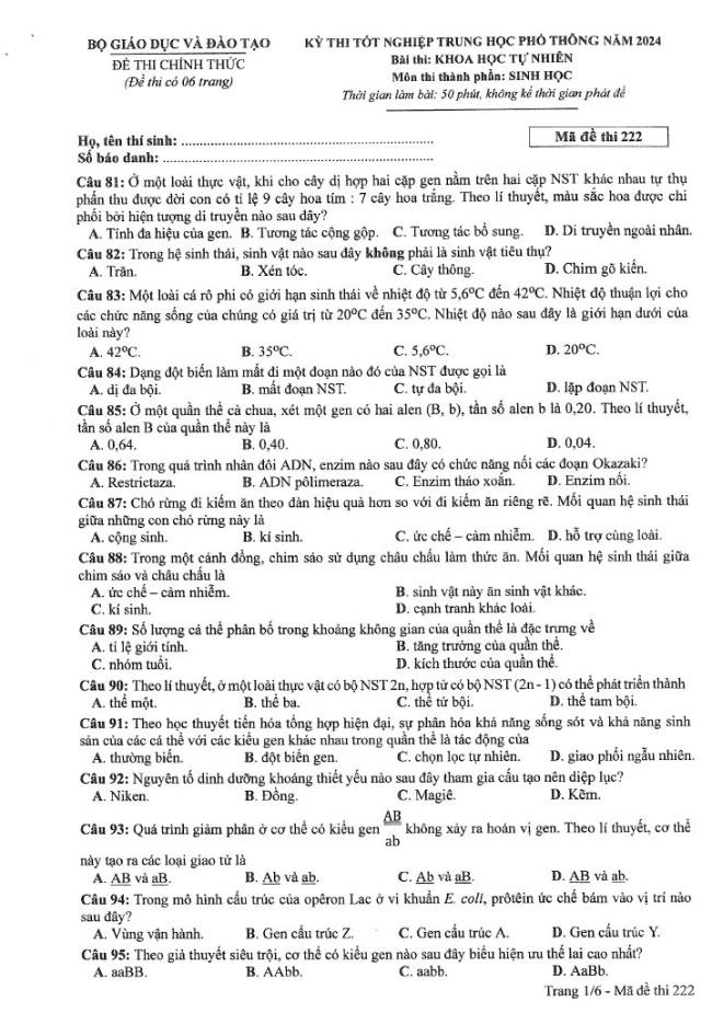 Đáp án đề thi môn Sinh Học mã đề 222 - Tốt nghiệp THPT 2024