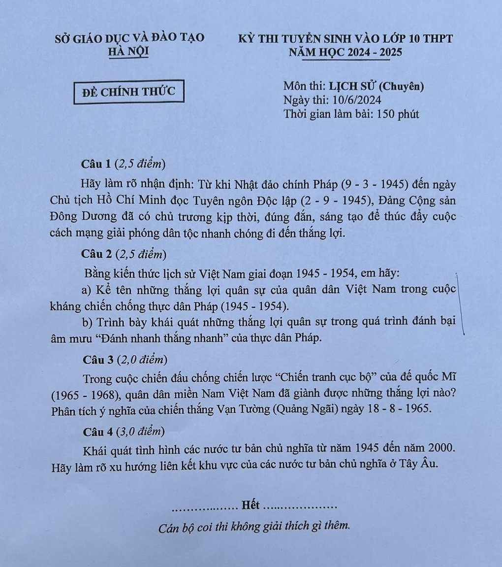 Đề thi vào 10 chuyên sử Sở GDĐT Hà Nội năm 2024 có đáp án