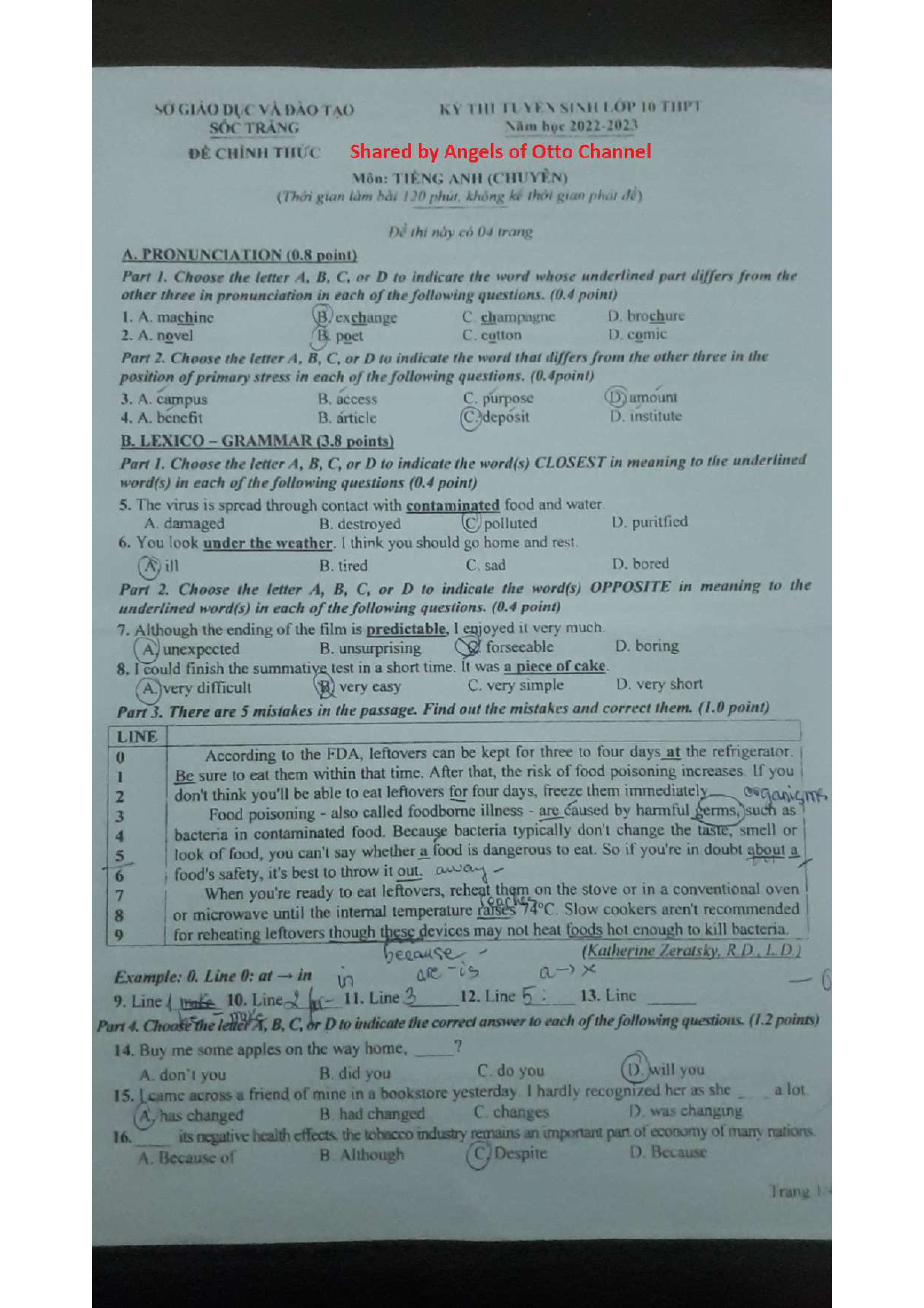 Đề thi vào 10 chuyên anh Sở GD ĐT Sóc Trăng năm 2022 có đáp án