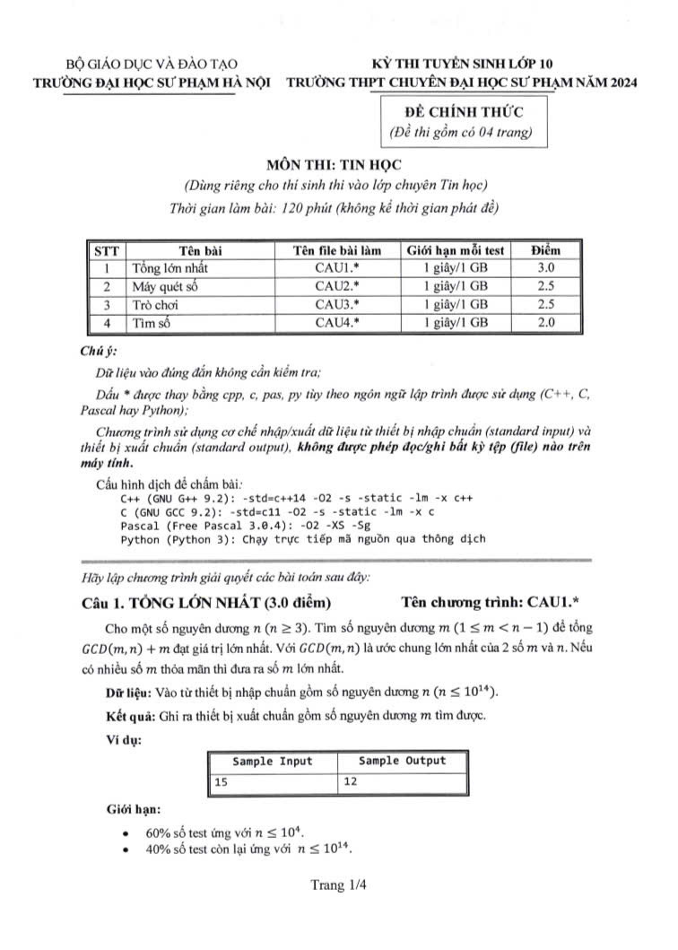 Đề thi vào 10 môn tin trường THPT chuyên ĐHSP năm 2024 có đáp án