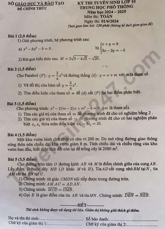 Đề thi chính thức vào 10 môn toán tỉnh Bình Dương năm 2024 có đáp án