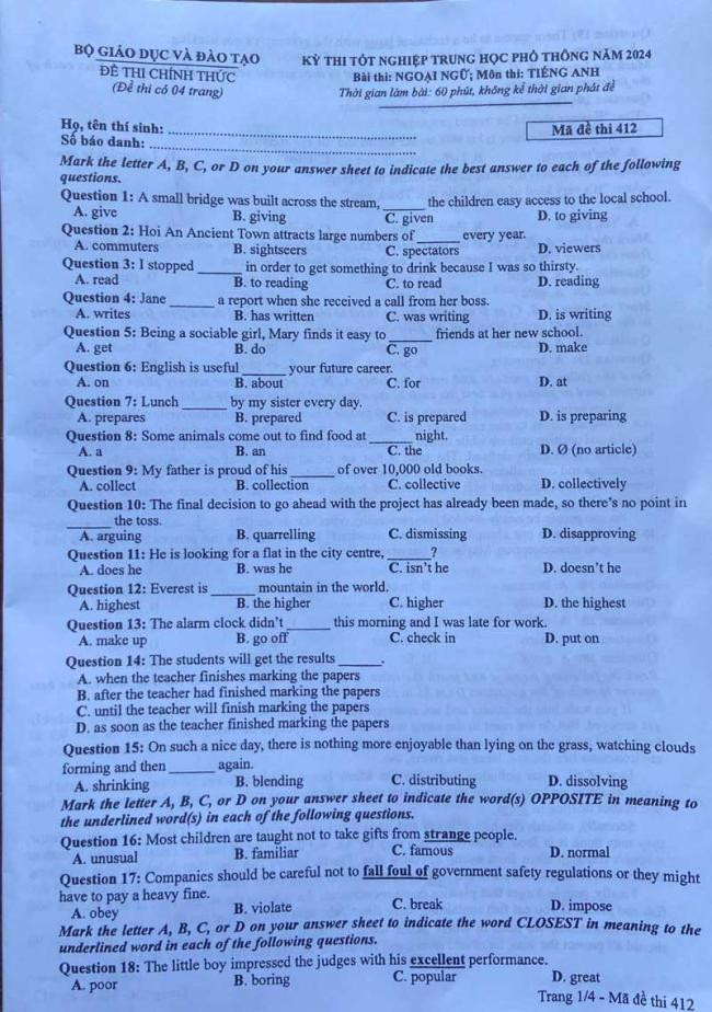 Đáp án đề thi môn Tiếng Anh mã đề 412 - Tốt nghiệp THPT 2024
