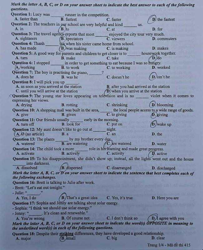 Đáp án đề thi môn Tiếng Anh mã đề 415 - Tốt nghiệp THPT 2024