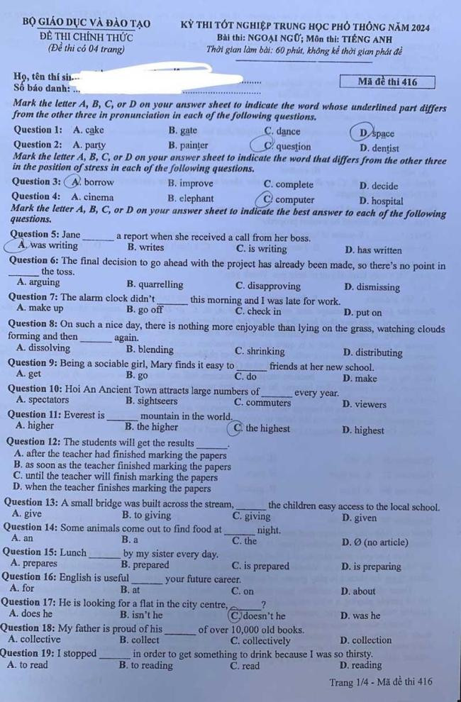 Đáp án đề thi môn Tiếng Anh mã đề 416 - Tốt nghiệp THPT 2024