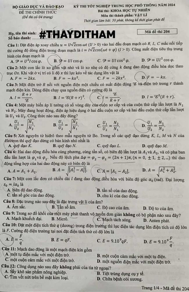 Đáp án đề thi môn Lý  mã đề 204 - Tốt nghiệp THPT 2024