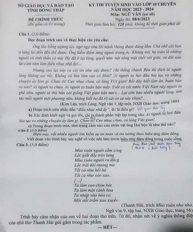 Đề thi vào 10 chuyên văn Sở GD ĐT Đồng Tháp năm 2023 có đáp án