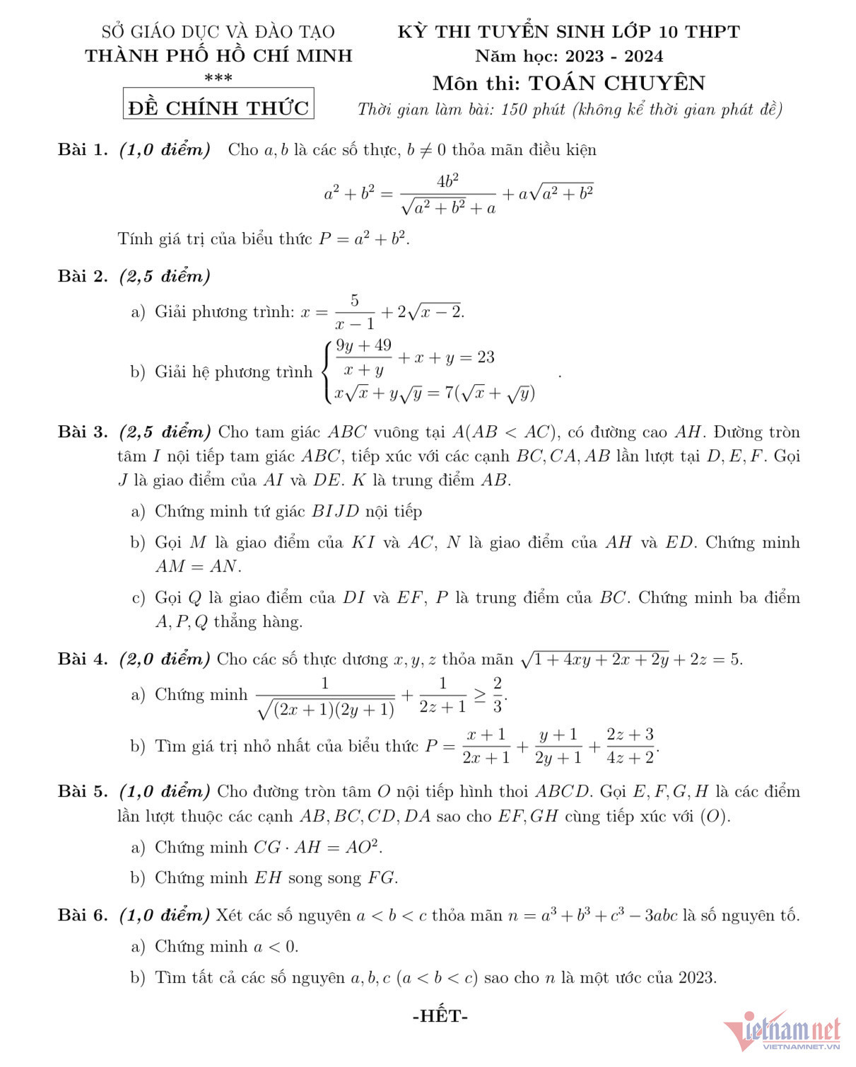 Đề thi vào 10 chuyên toán Sở GD HCM năm 2023 có đáp án