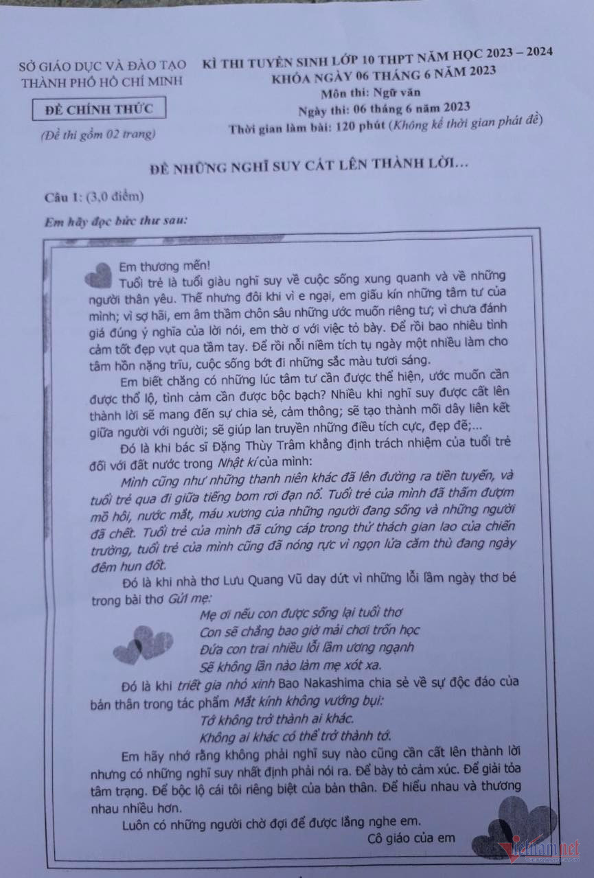 Đề thi chính thức vào 10 môn văn thành phố Hồ Chí Minh năm 2023 có đáp án