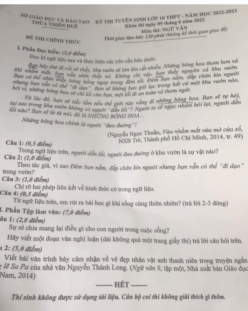 Đề thi chính thức vào 10 môn văn Thừa Thiên Huế năm 2022 có đáp án