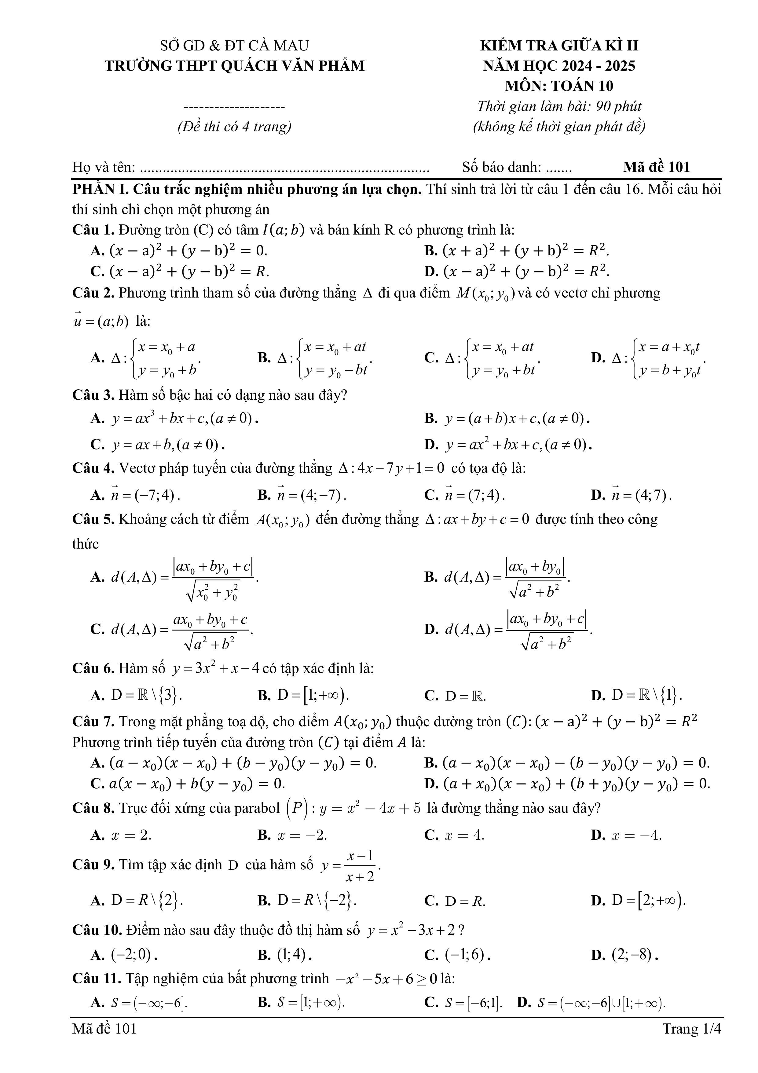 Đề thi Giữa kì 2 Toán 10 trường THPT Quách Văn Phẩm (Cà Mau) năm 2024–2025