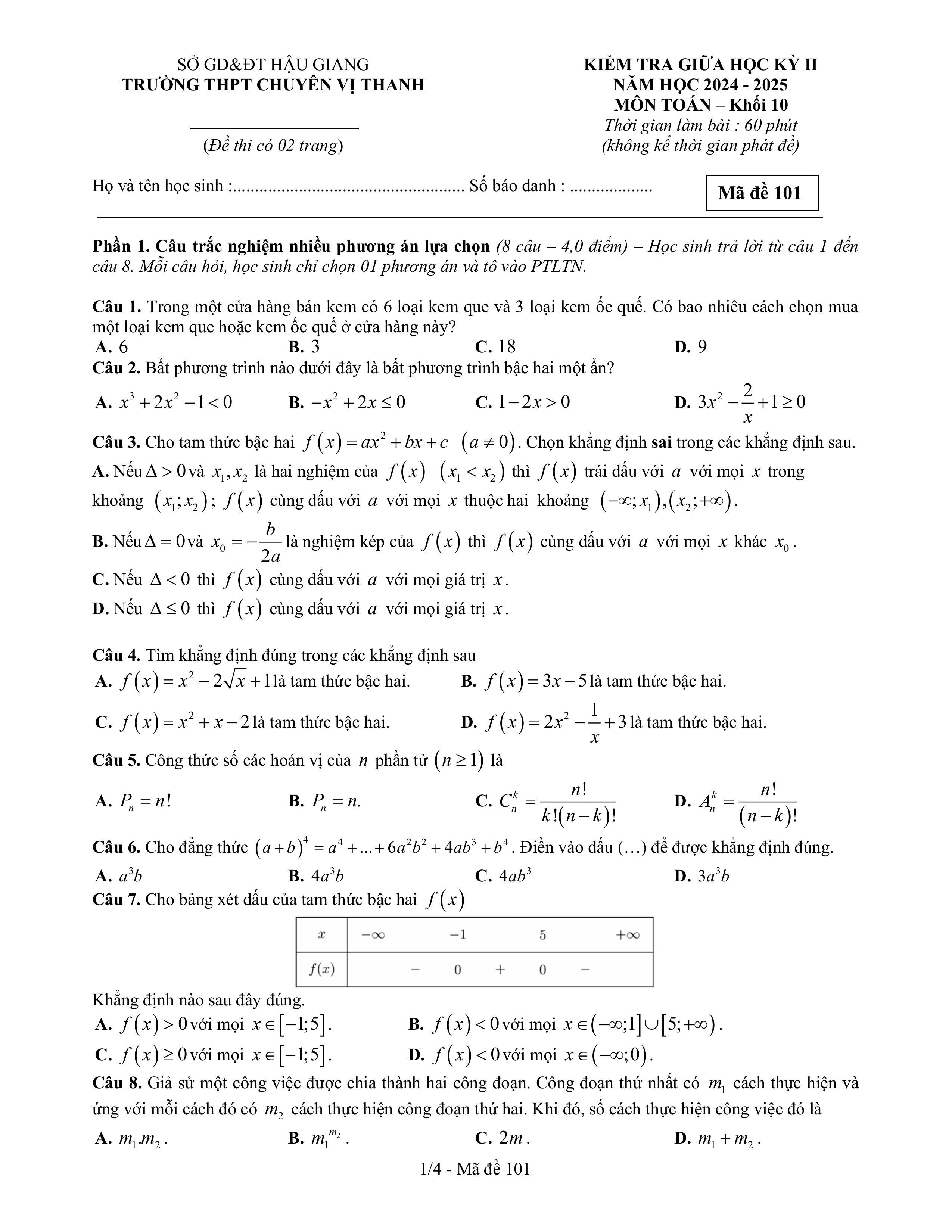 Đề thi Giữa kì 2 Toán 10 trường THPT chuyên Vị Thanh (Hậu Giang) năm 2024–2025
