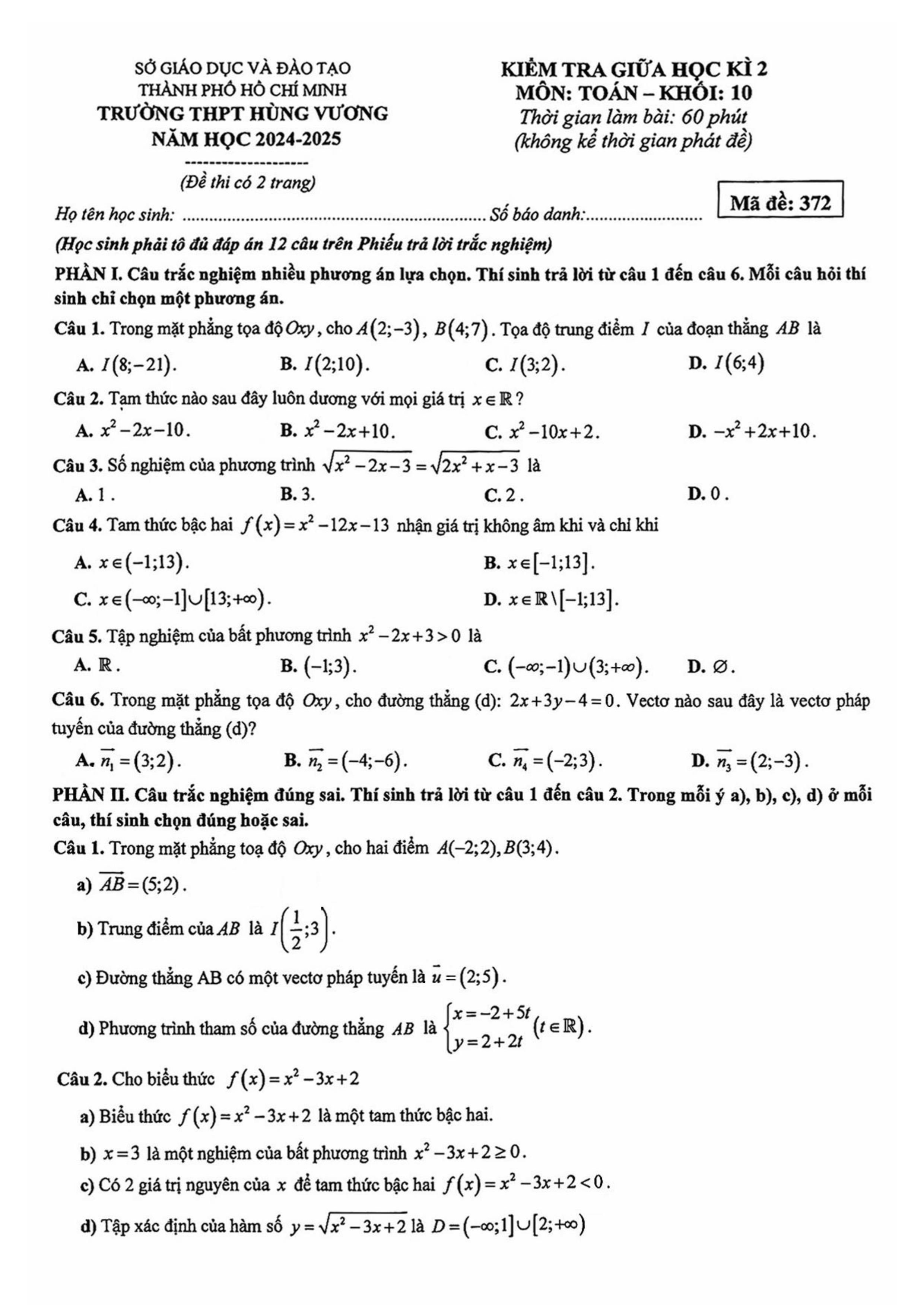Đề thi Giữa kì 2 Toán 10 trường THPT Hùng Vương (Hồ Chí Minh) năm 2024–2025