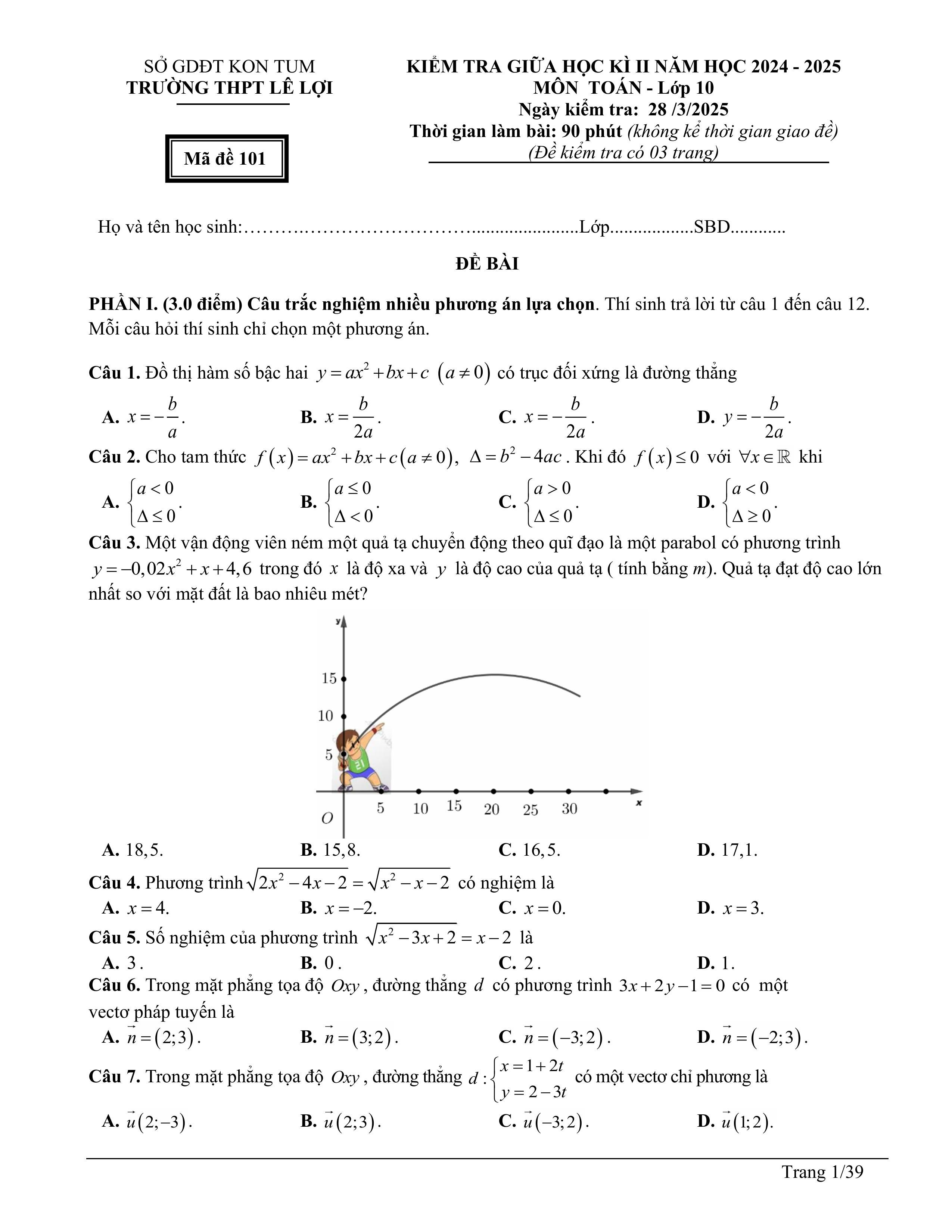 Đề thi Giữa kì 2 Toán 10 trường THPT Lê Lợi (Kon Tum) năm 2024–2025