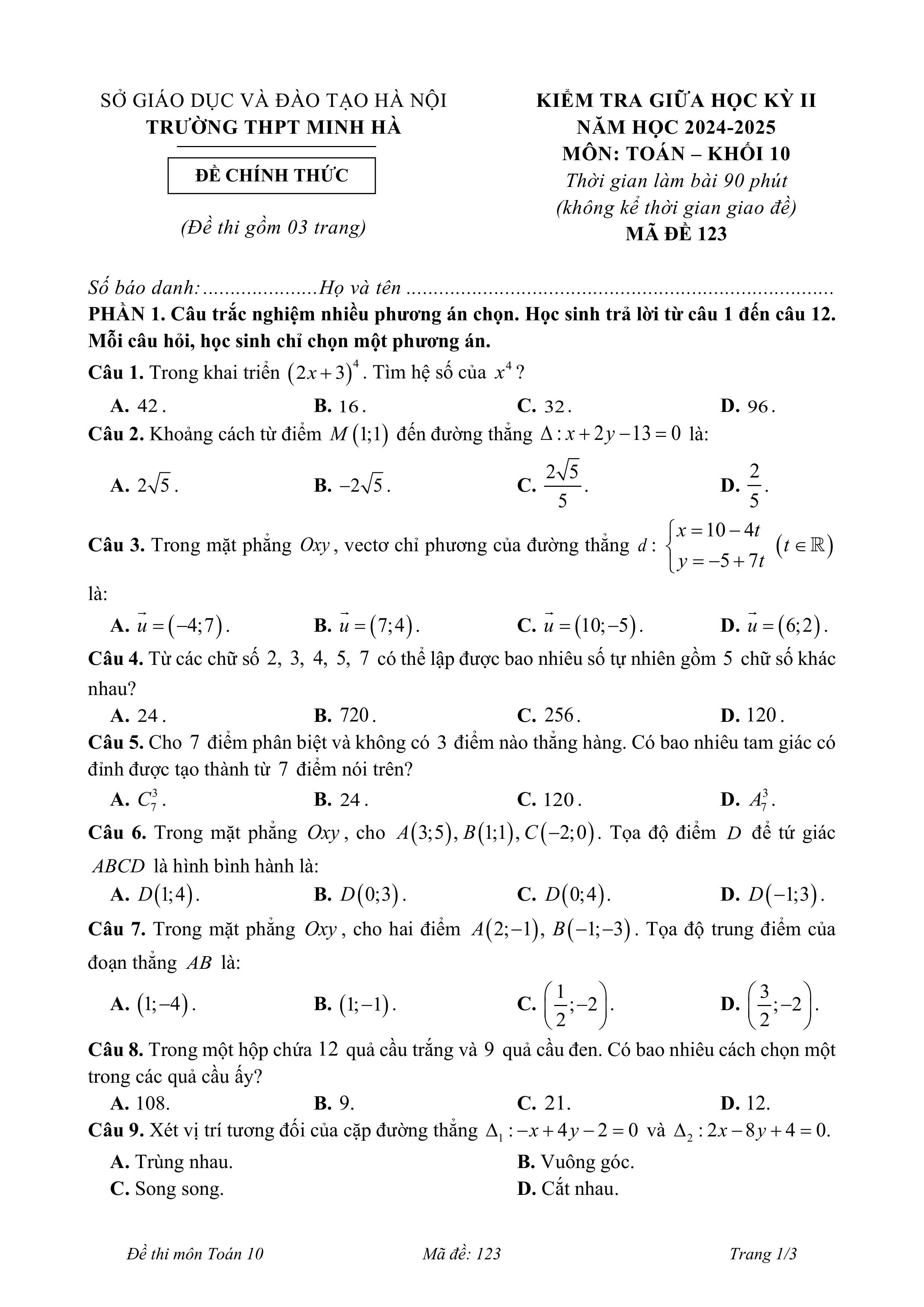 Đề thi Giữa kì 2 Toán 10 trường THPT Minh Hà (Hà Nội) năm 2024–2025