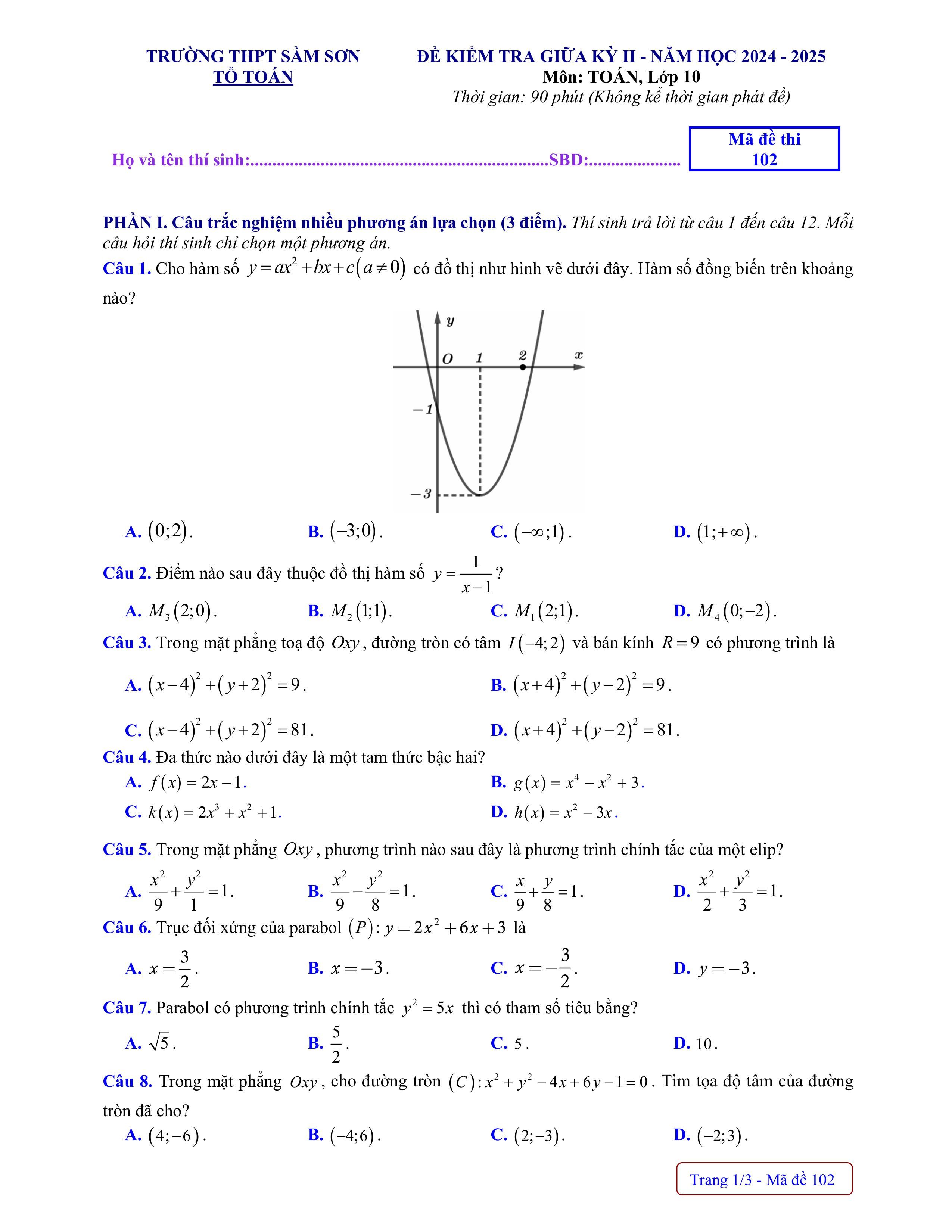 Đề thi Giữa kì 2 Toán 10 trường THPT Sầm Sơn (Thanh Hóa) năm 2024–2025