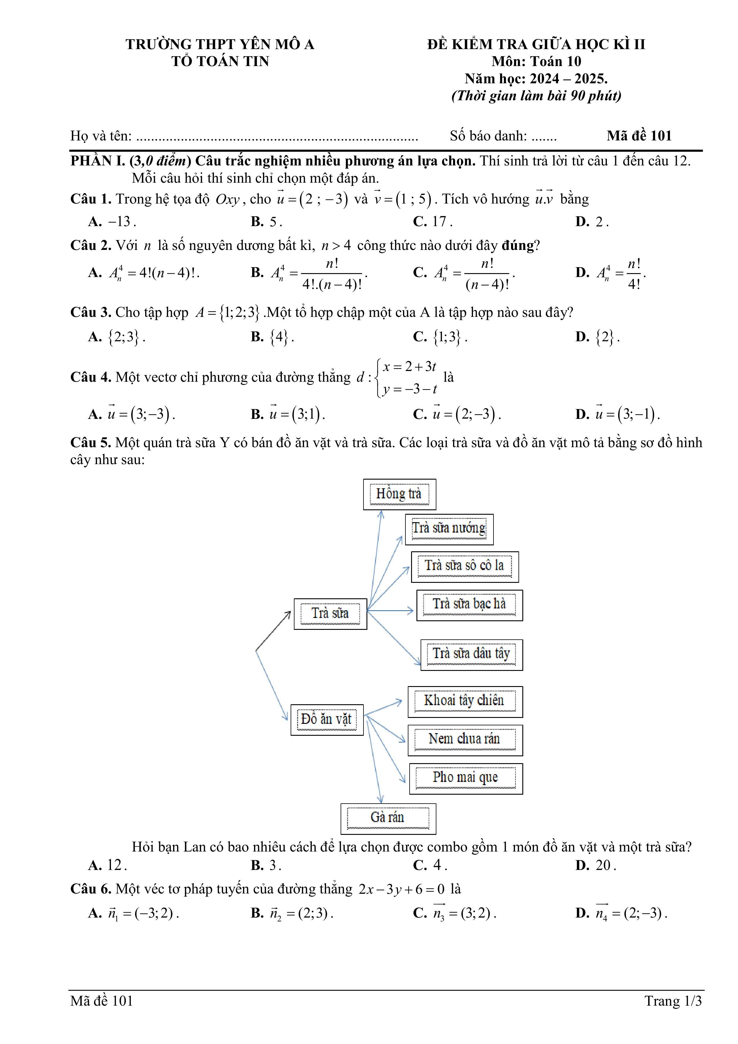 Đề thi Giữa kì 2 Toán 10 trường THPT Yên Mô A (Ninh Bình) năm 2024–2025