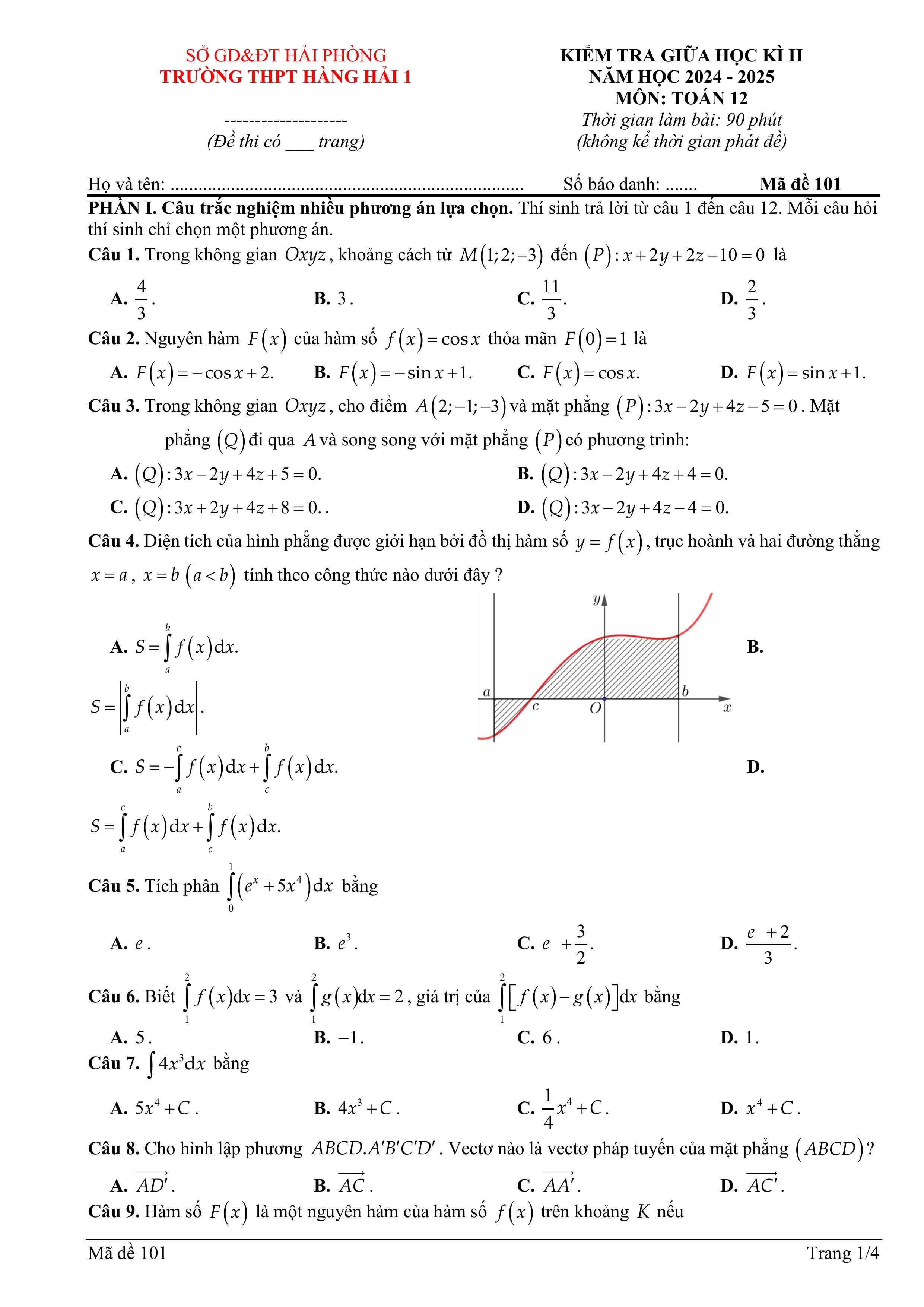 Đề thi Giữa kì 2 Toán 12 trường THPT Hàng Hải 1 (Hải Phòng) năm 2024–2025