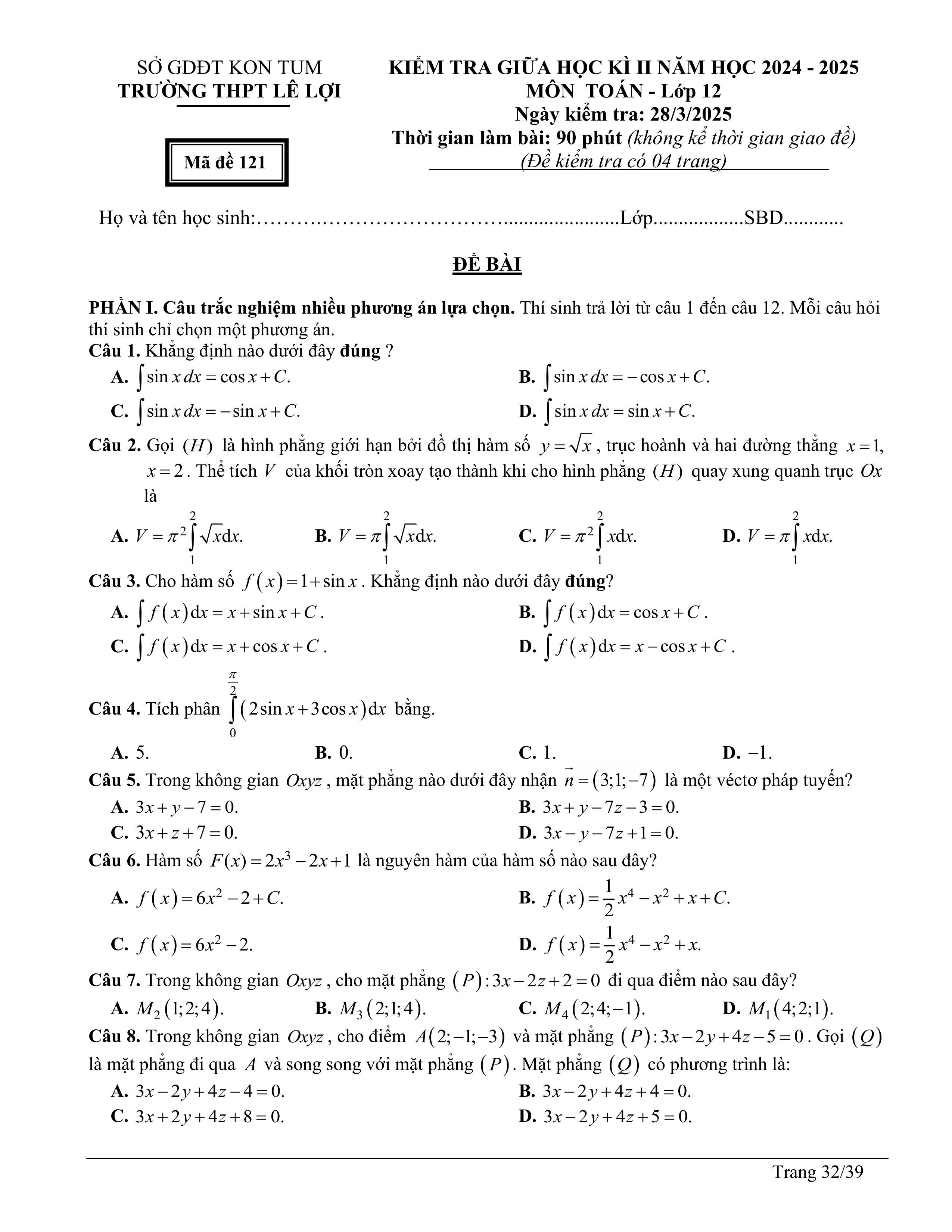 Đề thi Giữa kì 2 Toán 12 trường THPT Lê Lợi (Kon Tum) năm 2024–2025